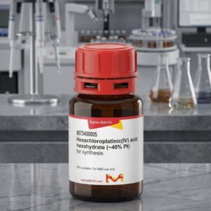 Front view of Kimyai chemical product chloroplatinic acid chemical bottle on laboratory bench with scientific instruments and glass flasks behind