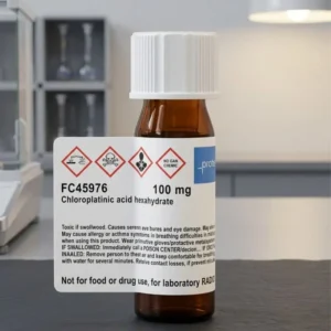 A small amber glass of Chloroplatinic acid chemical bottle with a white cap and a prominent white label, centered against a blurred, modern laboratory background.