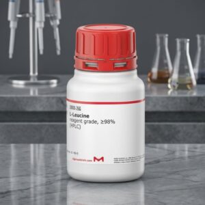 Front view of Kimyai per iodic acid chemical bottle on laboratory counter with pipettes and glass flasks in background
