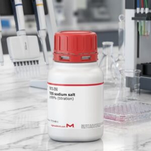 Front view of Kimyai chemical pot hexa antimonate salt bottle on laboratory counter with pipettes, glassware, and testing equipment nearby