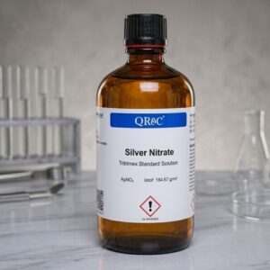 Front view of Kimyai Silver Nitrate chemical product silver nitrate bottle on laboratory table with test tubes, flasks, and glass equipment in background
