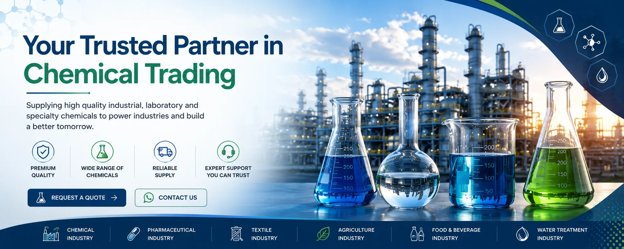Chemical trading website banner for Kimyai featuring laboratory glassware, industrial chemical visuals, and professional branding in blue and green colors.