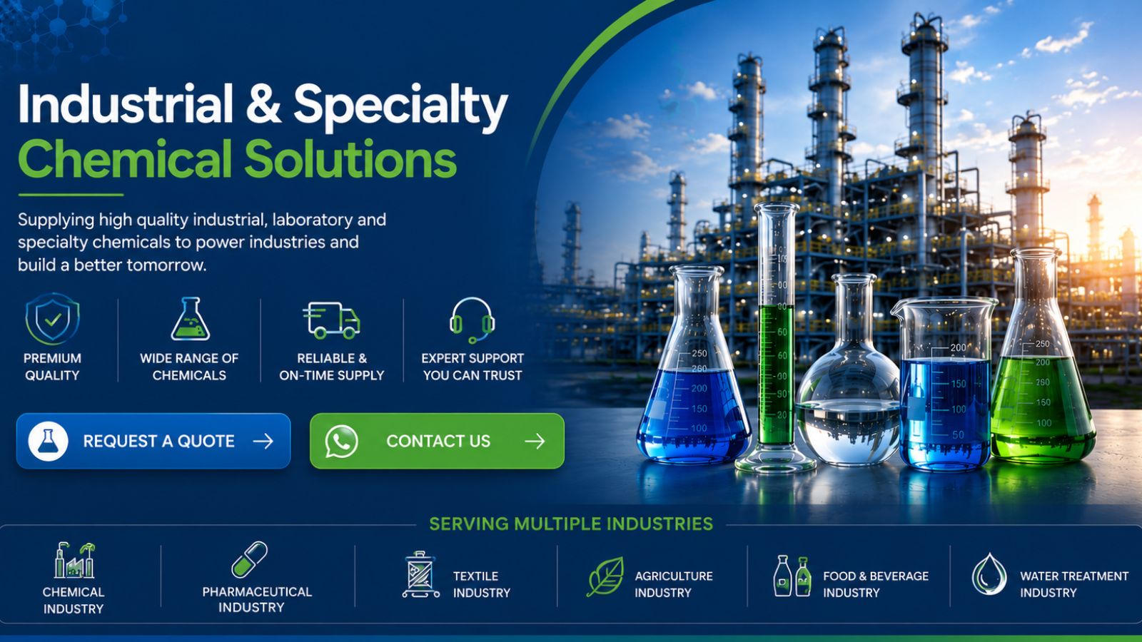 Kimyai chemical trading banner featuring industrial chemical solutions, laboratory glassware, request a quote and contact us buttons, and professional blue-green branding for chemical suppliers.