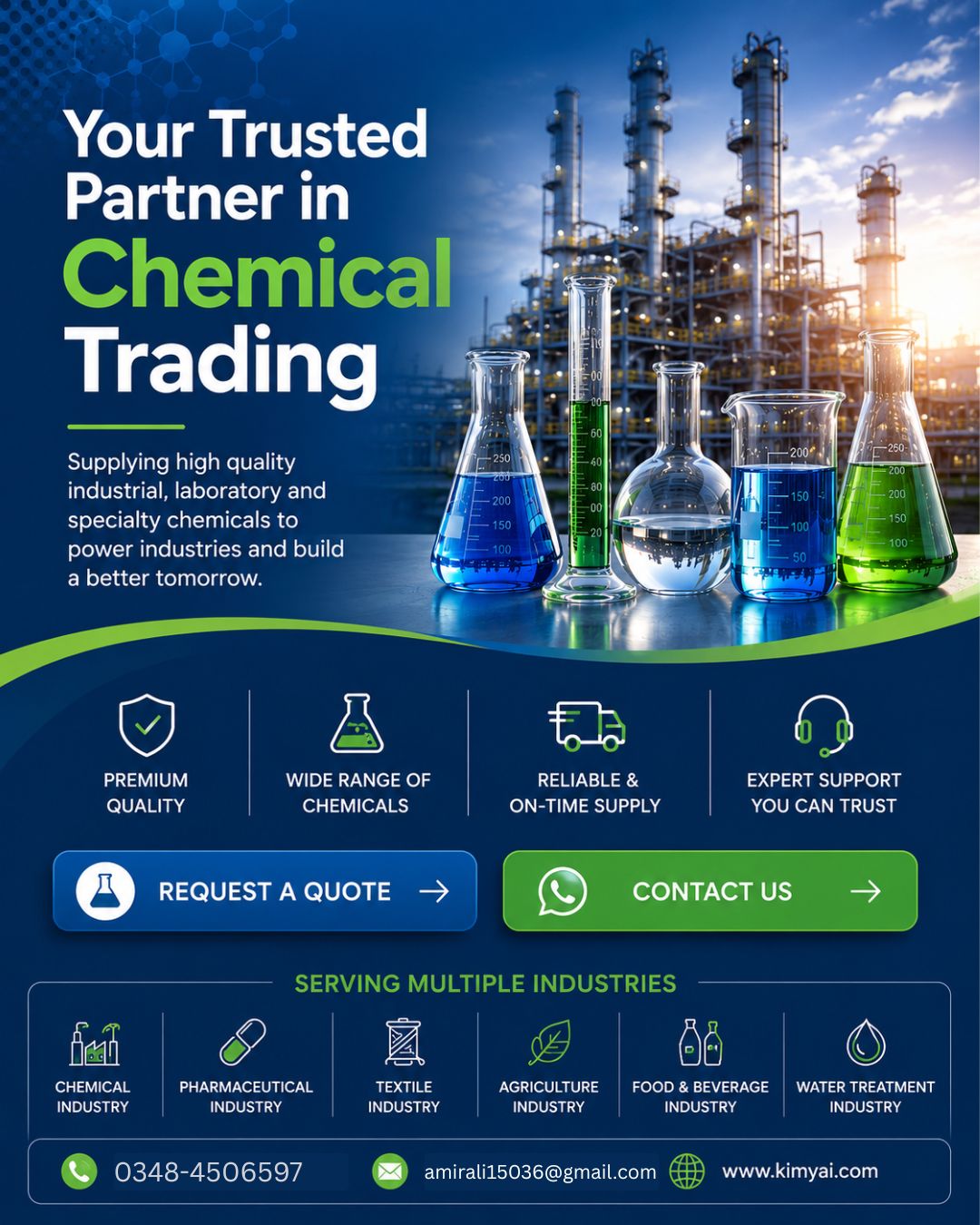 Kimyai chemical trading mobile banner featuring industrial chemical solutions, laboratory glassware, request a quote and contact us buttons, and professional blue-green branding.