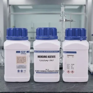 Three white chemical bottles of Mercuric acetate Chemical with blue caps, arranged side-by-side against a blurred, modern laboratory background.