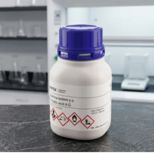 A white Per iodic acid chemical bottle with a blue cap, centered against a blurred, modern laboratory background.
